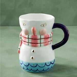 Anthropologie Snowman Ceramic Mug with Blue Noel Handle